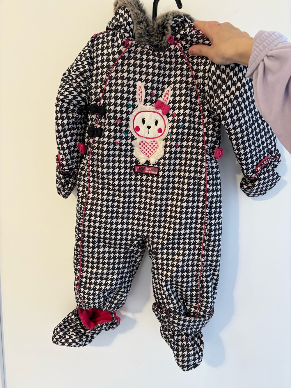 Kids Black & White Houndstooth One-Piece Snowsuit with Pink Trim